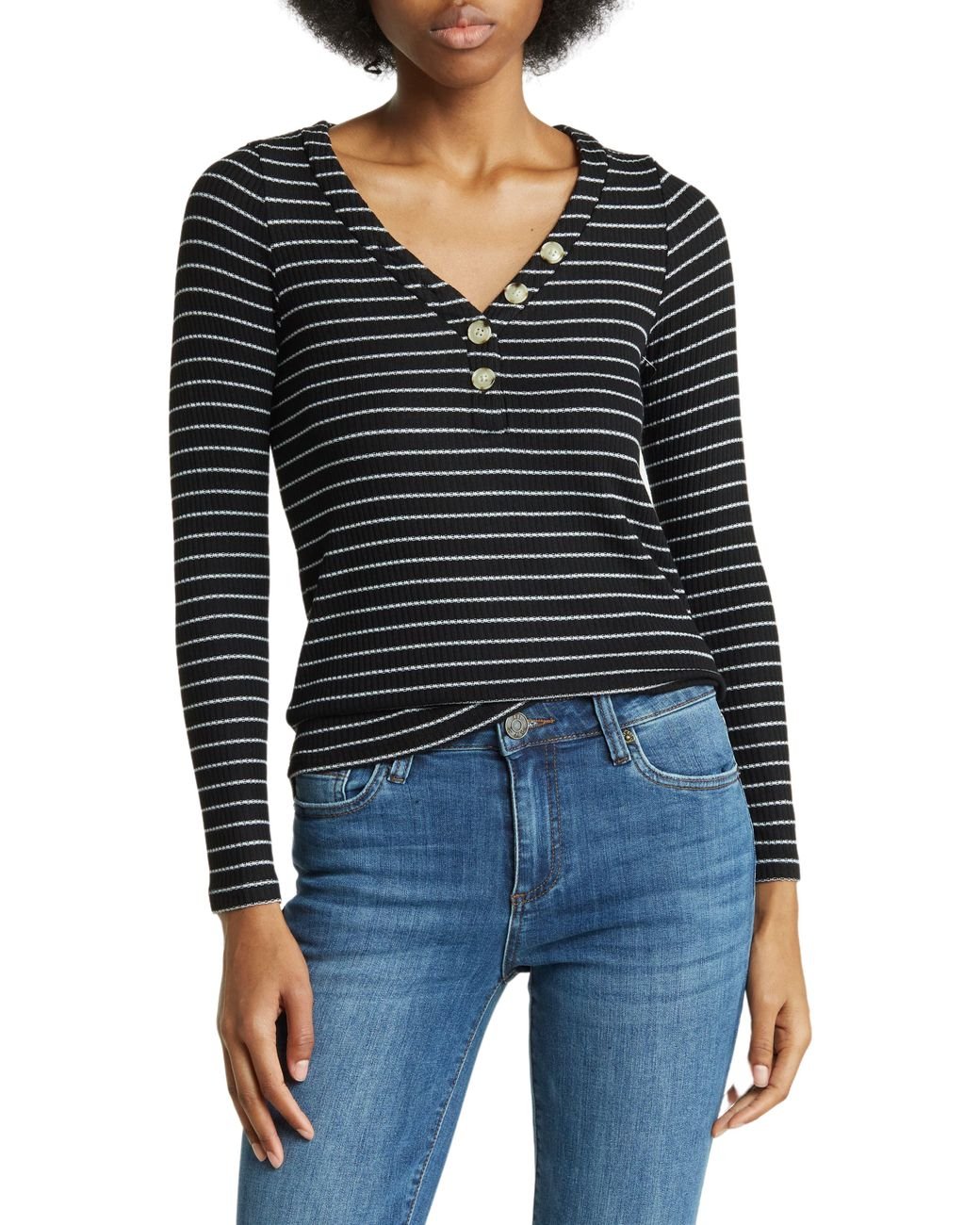 Lucky Brand Striped Long Sleeve Henely T-shirt in Black