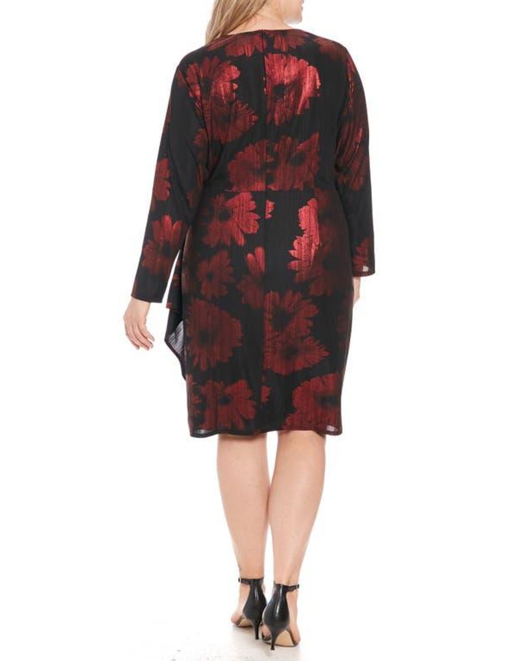 London Times Floral Long Sleeve Faux Wrap Dress in Red | Lyst