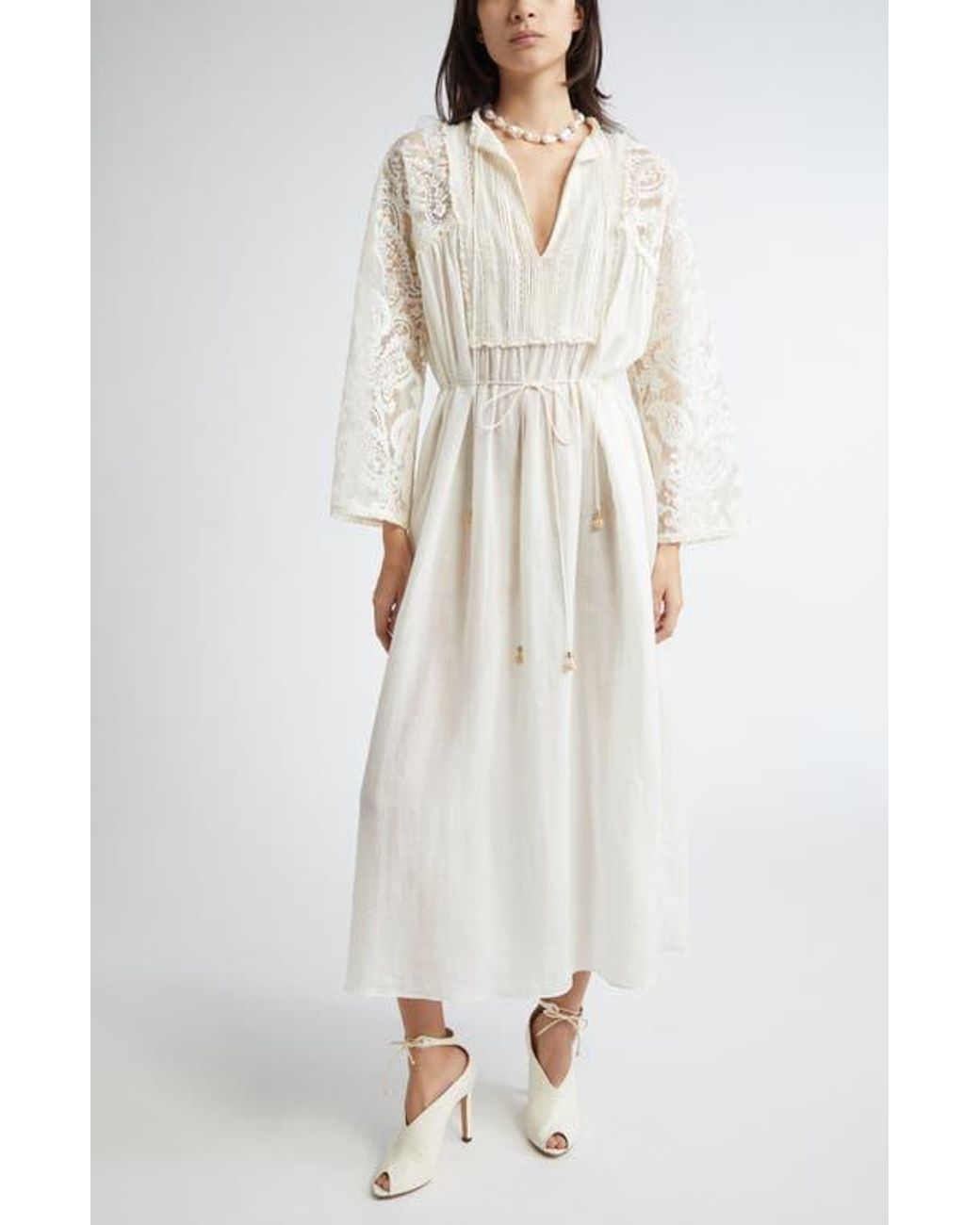 Zimmermann Ascension Lace Trim Tie Waist Midi Dress in White | Lyst