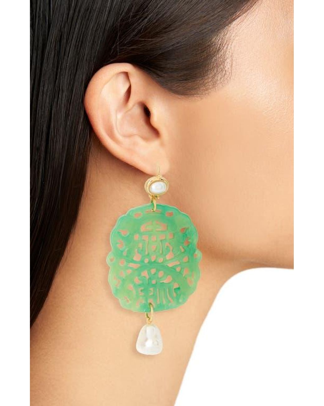 Kenneth Jay Lane Green Carved Stone Faux Pearl Drop Earrings