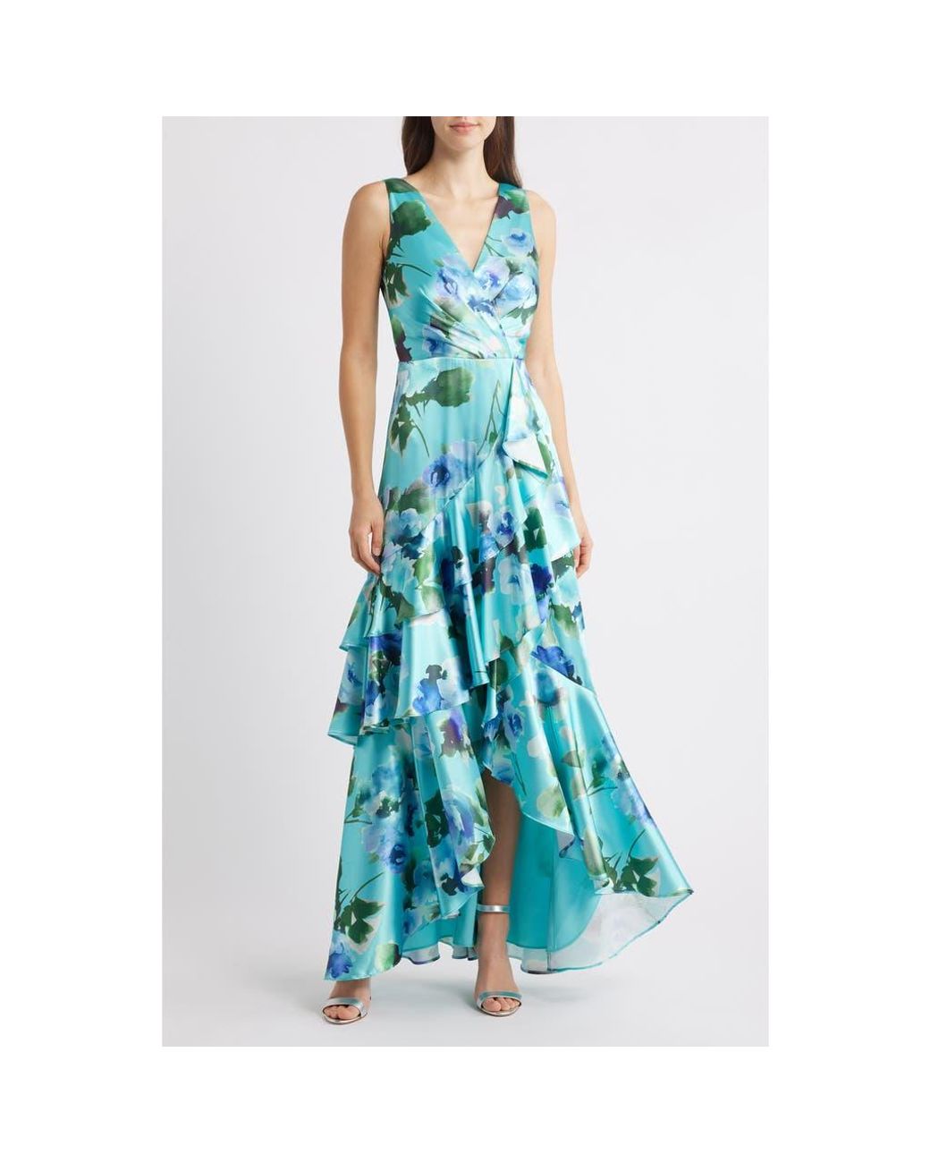 Eliza J Social Tiered Satin High-Low Cocktail Dress in Blue
