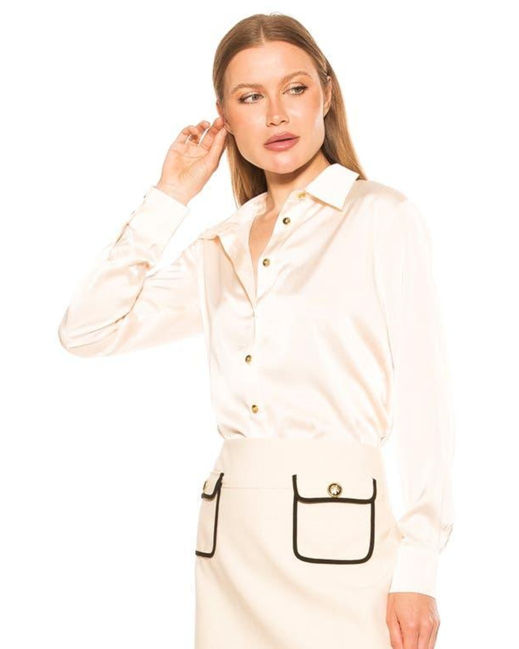 Alexia Admor Natural Rylin Silky Front Button Blouse