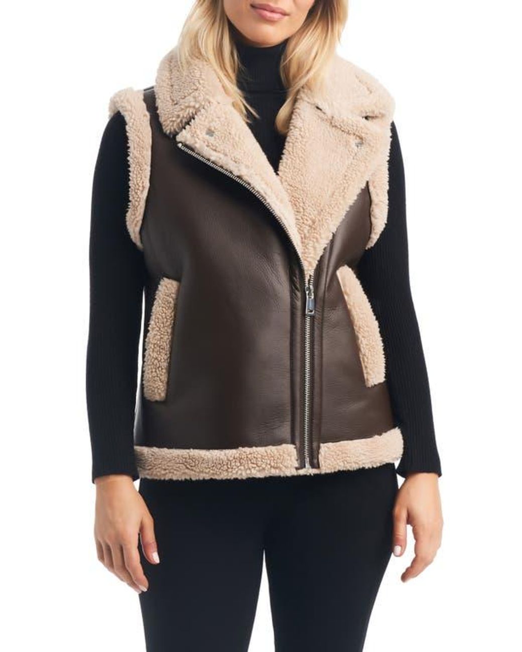 Sanctuary Bonded Faux Leather & Faux Shearling Vest in Black | Lyst