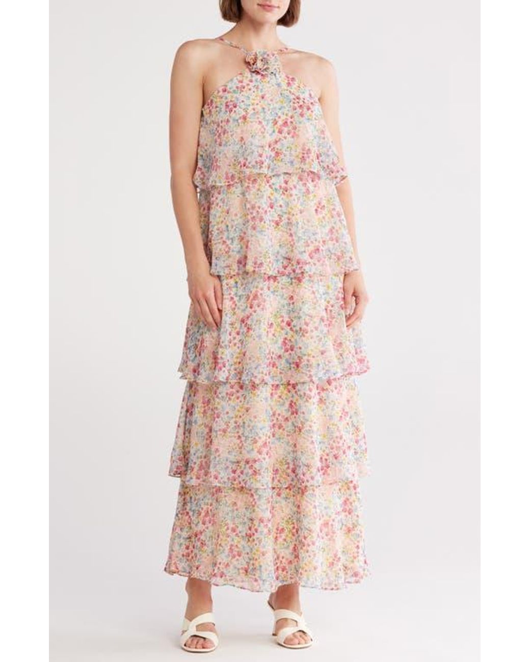 Vero Moda Lana Ruffle Tiered Halter Dress in Natural | Lyst