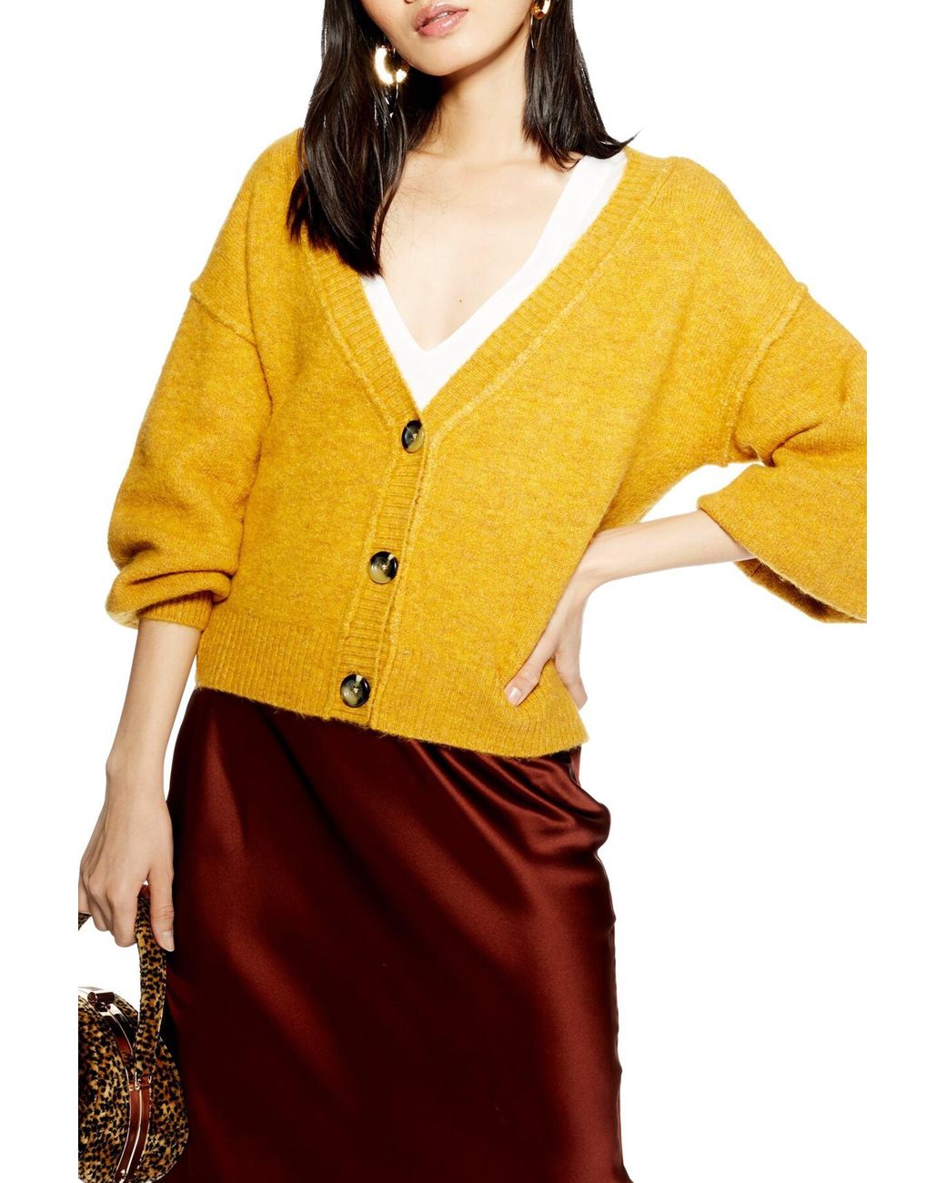 TOPSHOP Horn Button Crop Cardigan in Yellow | Lyst