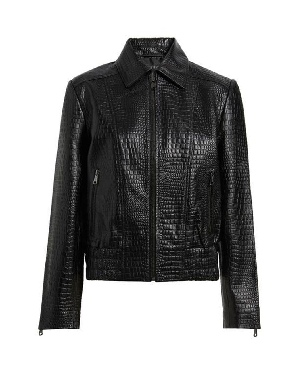 Bernardo Black Short Croc-Embossed Leather Jacket