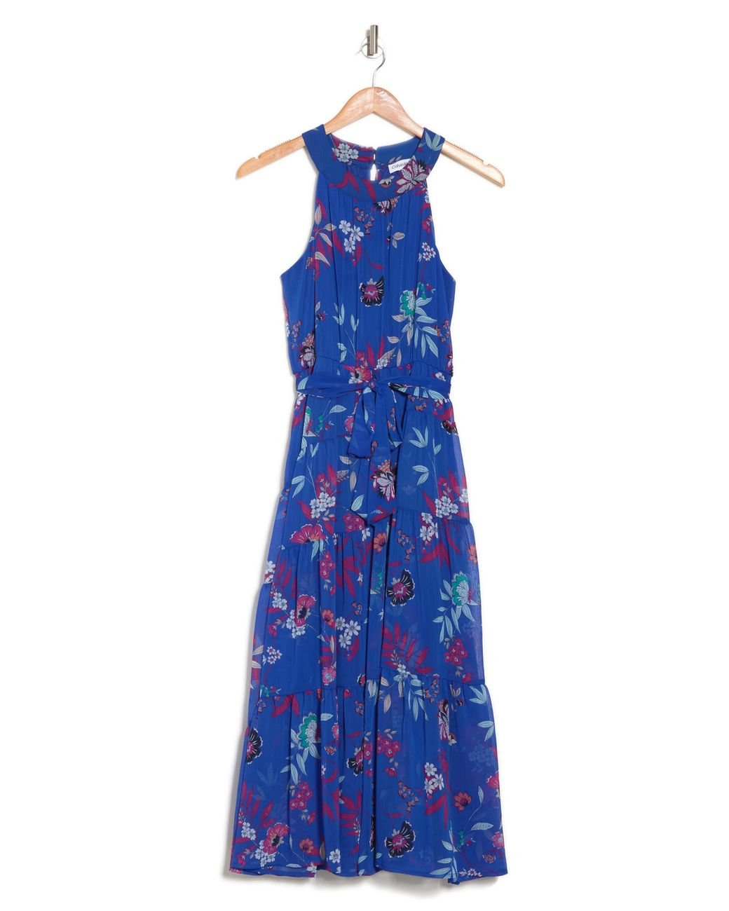 Calvin Klein Floral Halter Neck Tiered Maxi Dress In Regatta Multi At