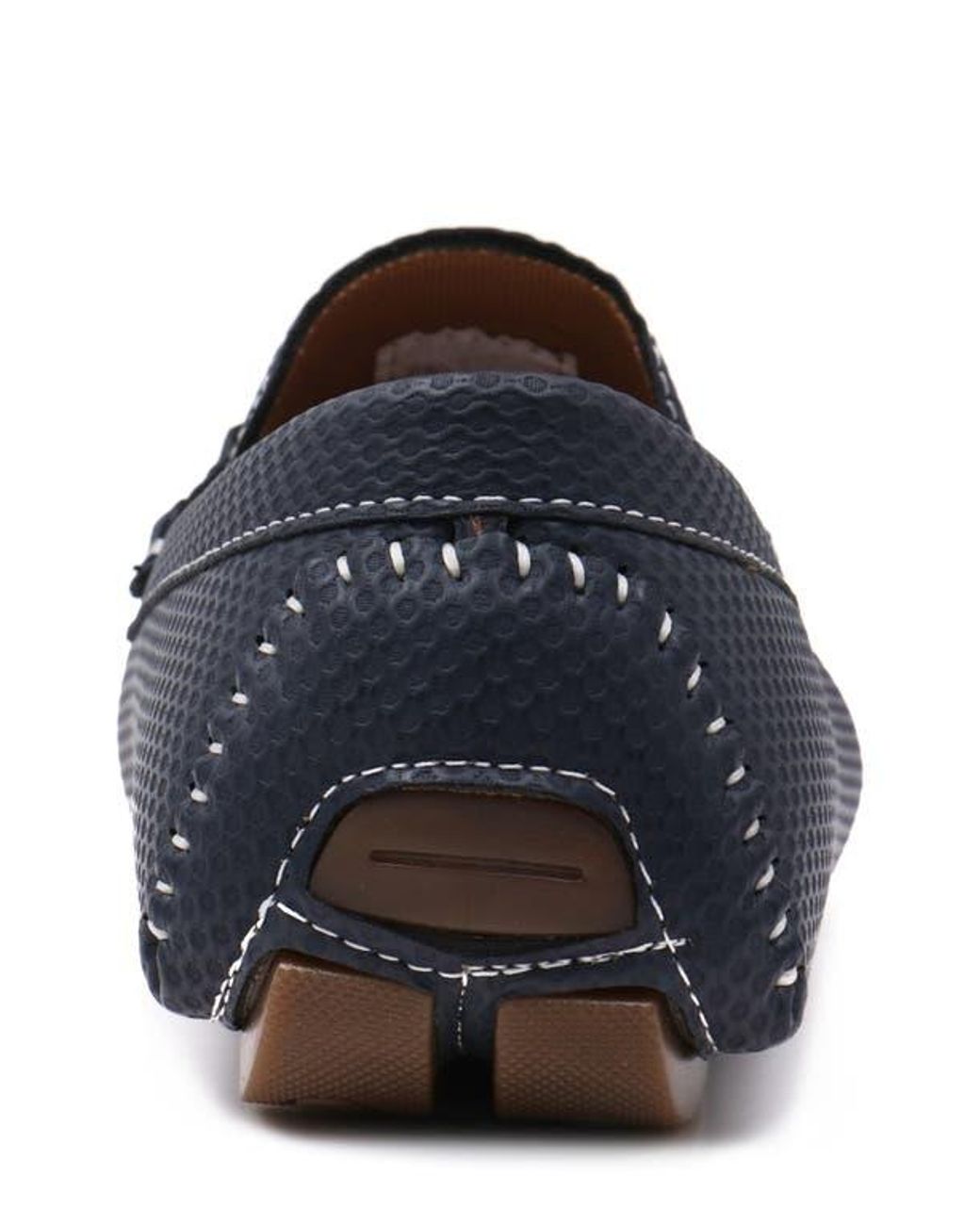 Aston Marc Blue Navy Textured Faux Leather Moc-Toe Loafers for men