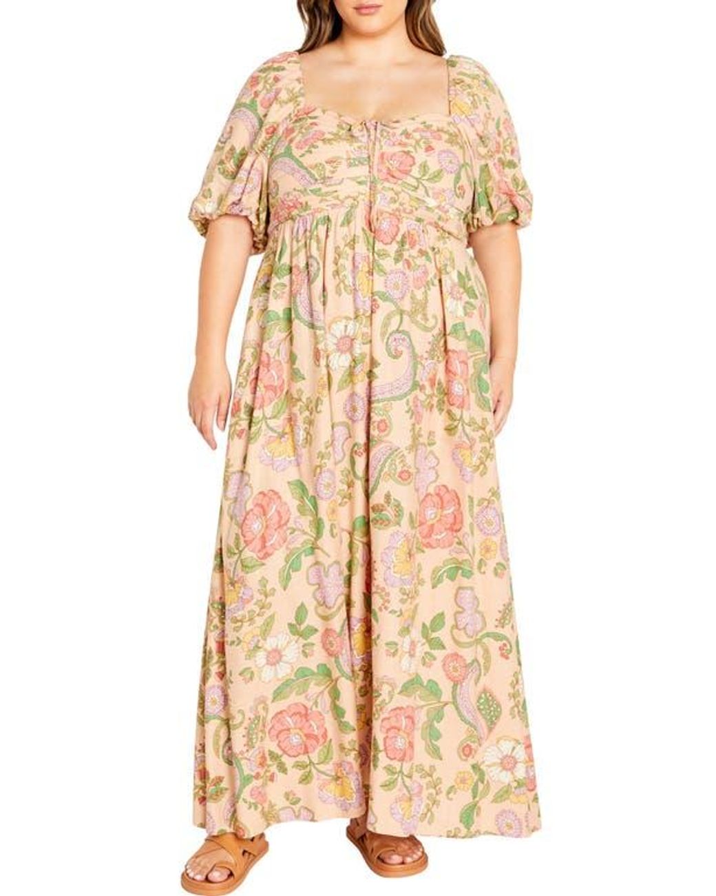 City Chic Ellea Puff Sleeve Maxi Dress in Natural | Lyst