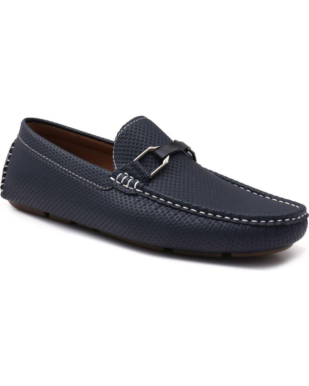 Aston Marc Blue Navy Textured Faux Leather Moc-Toe Loafers for men