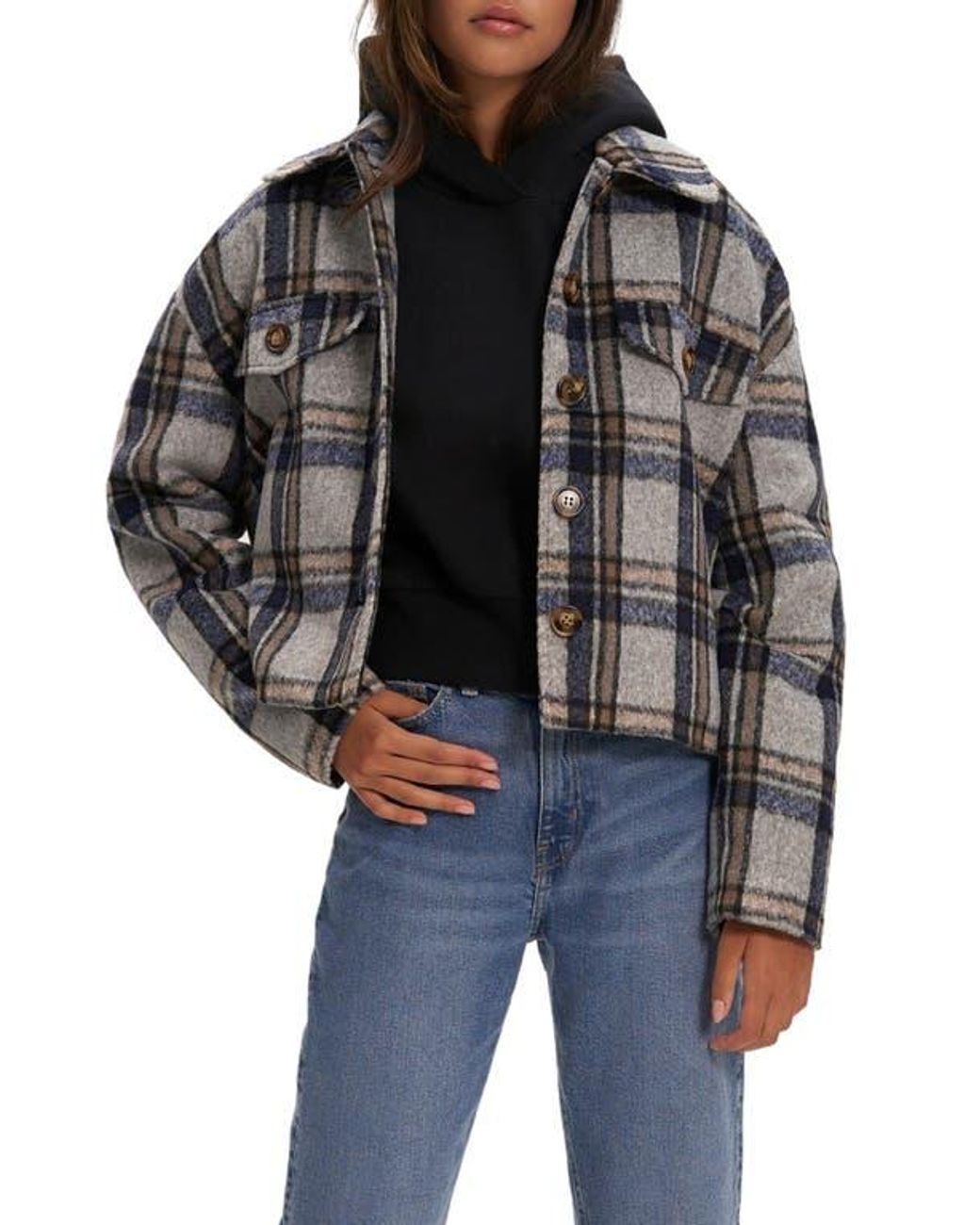 Noize Black Plaid Crop Shacket