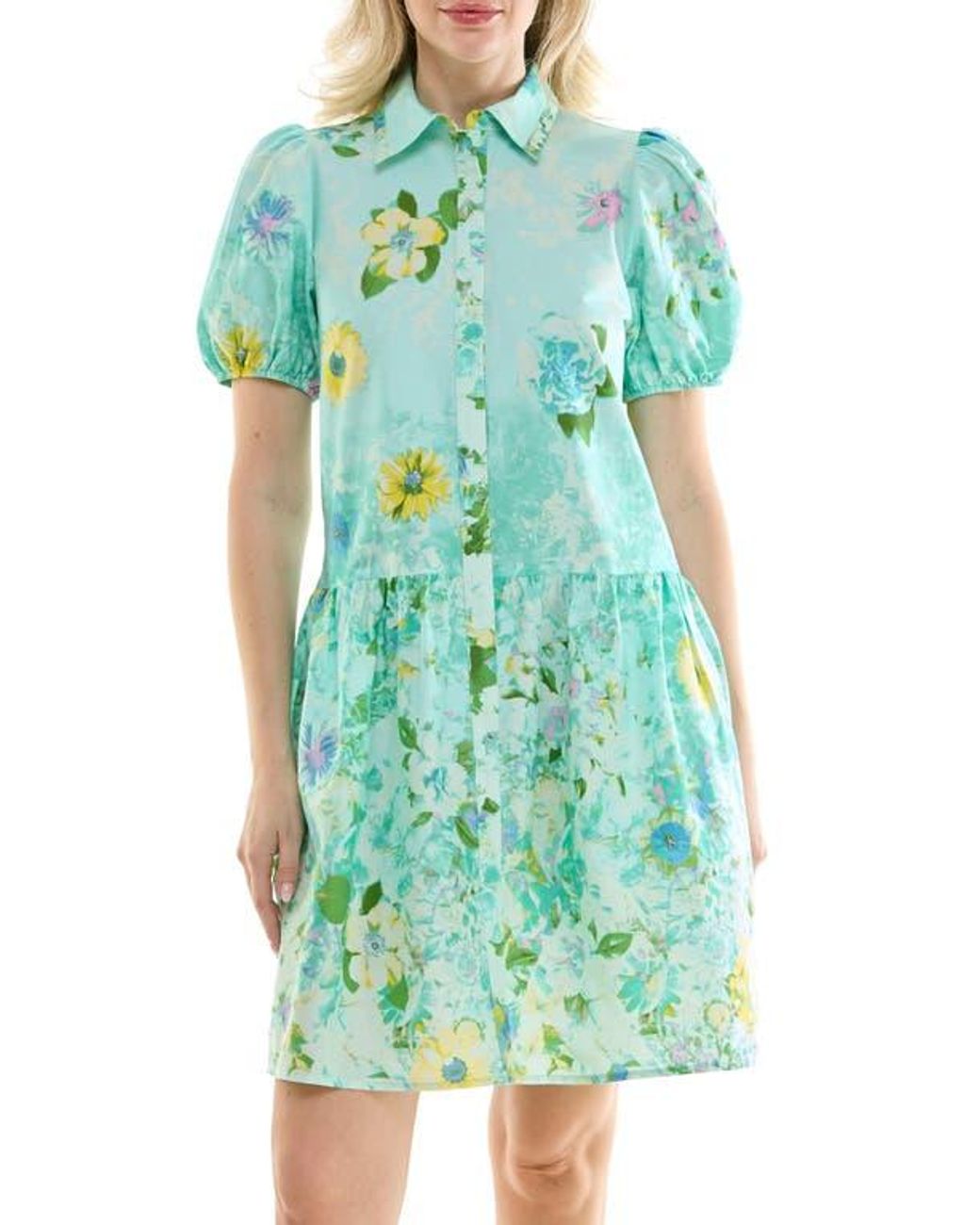 Nicole Miller Puff Sleeve Shirtdress in Green