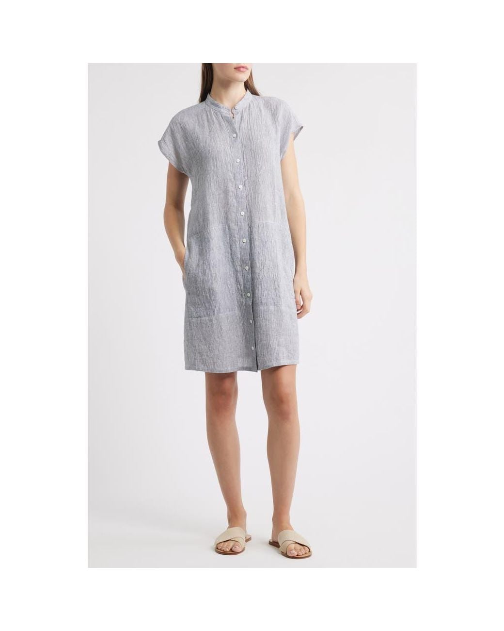 Eileen Fisher Band Collar Stripe Organic Linen Shirtdress in Gray | Lyst