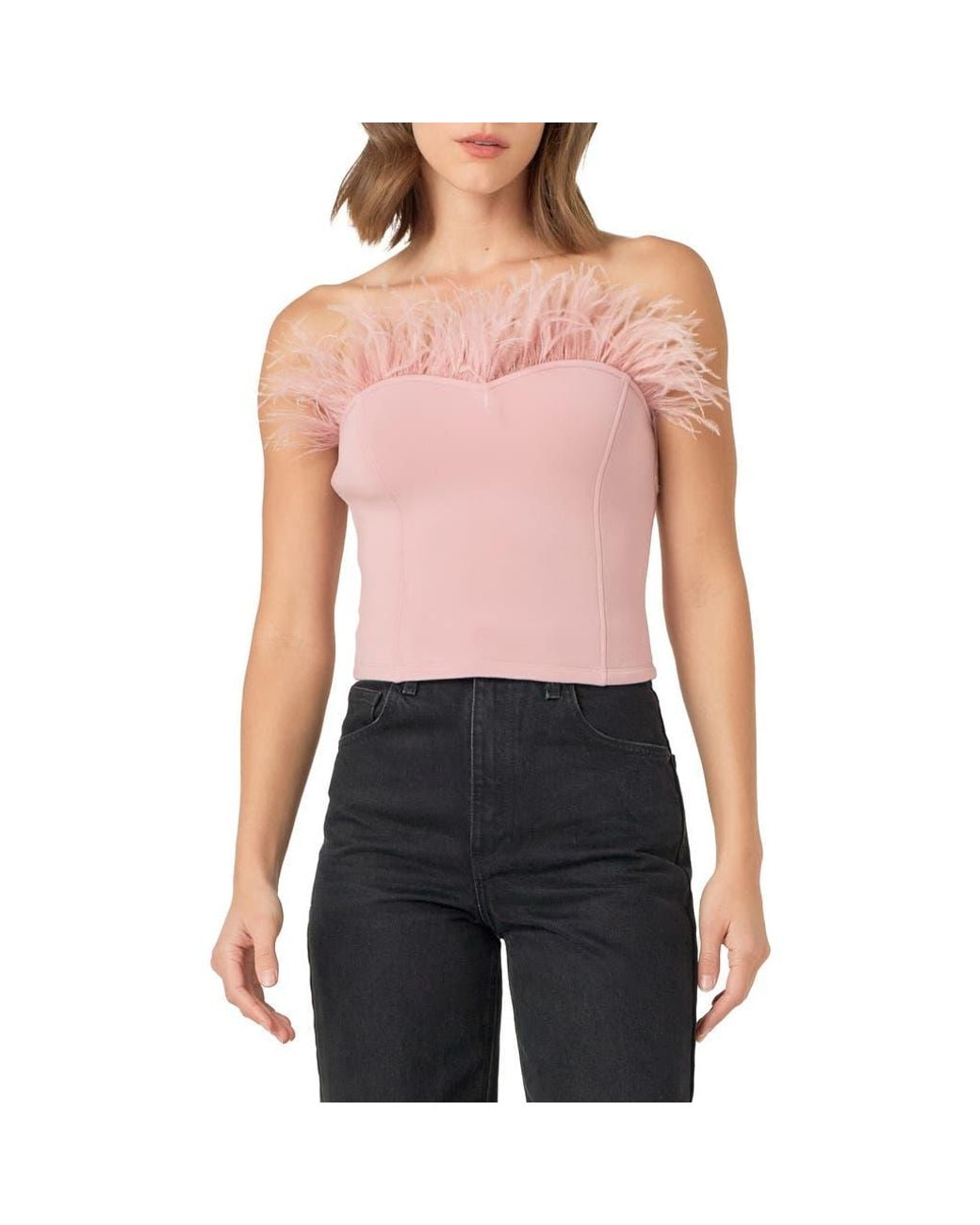 Endless Rose Red Feather Trim Strapless Top