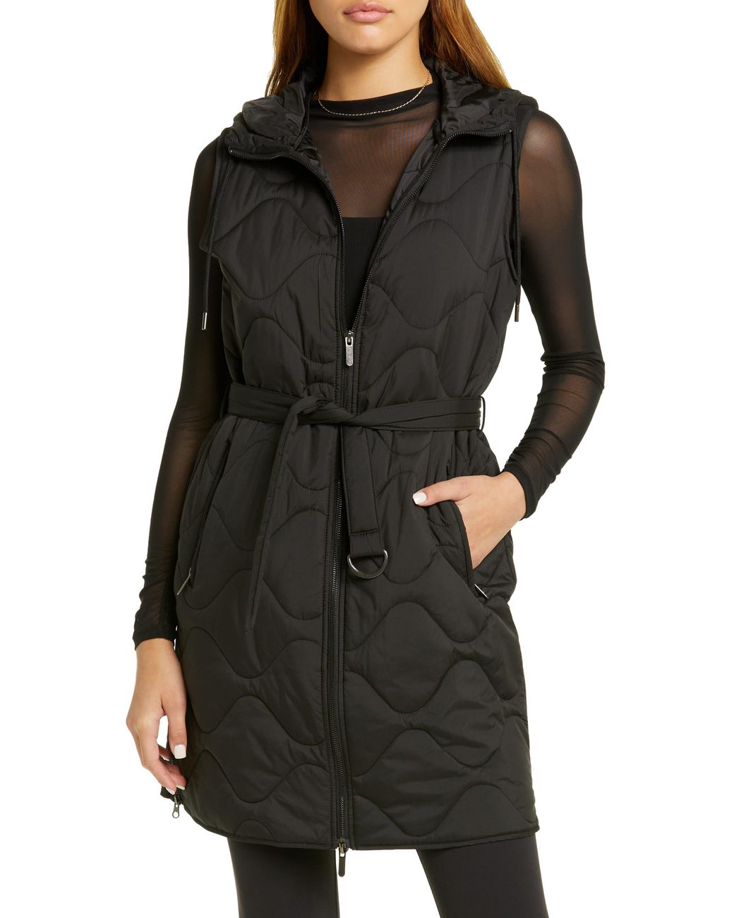 Zella Belted Quilted Longline Recycled Polyester Vest in Black | Lyst