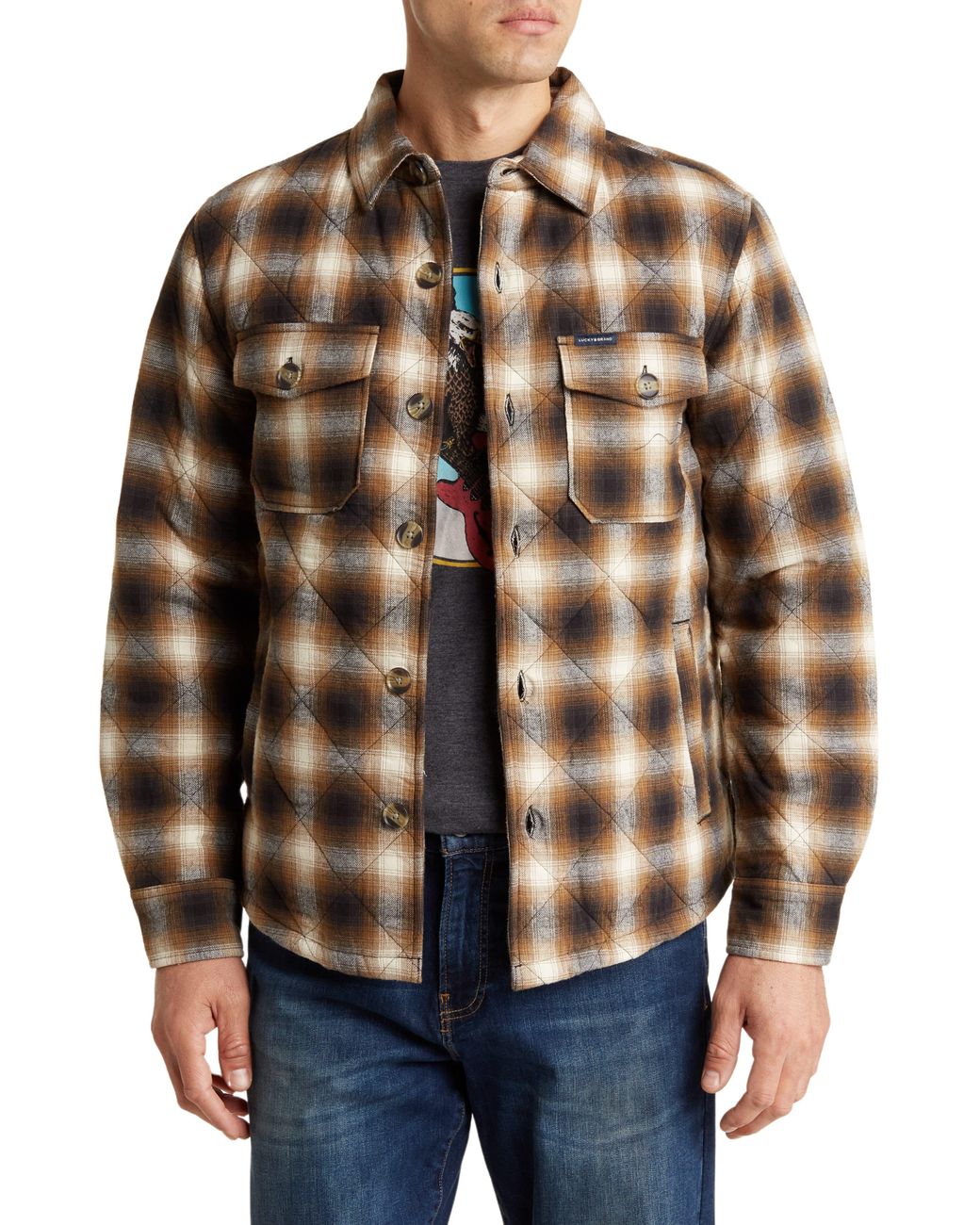 Lucky Brand Grom Plaid Quilted Shirt Jacket in Brown for Men