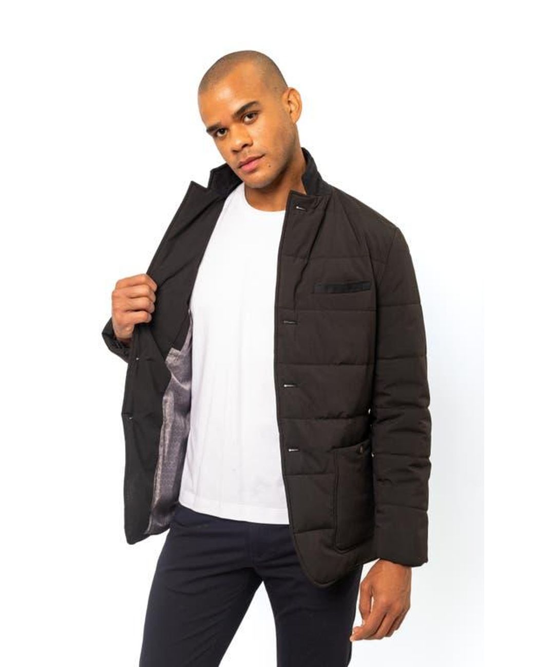 PINOPORTE Black Quilted Button-Front Jacket for men