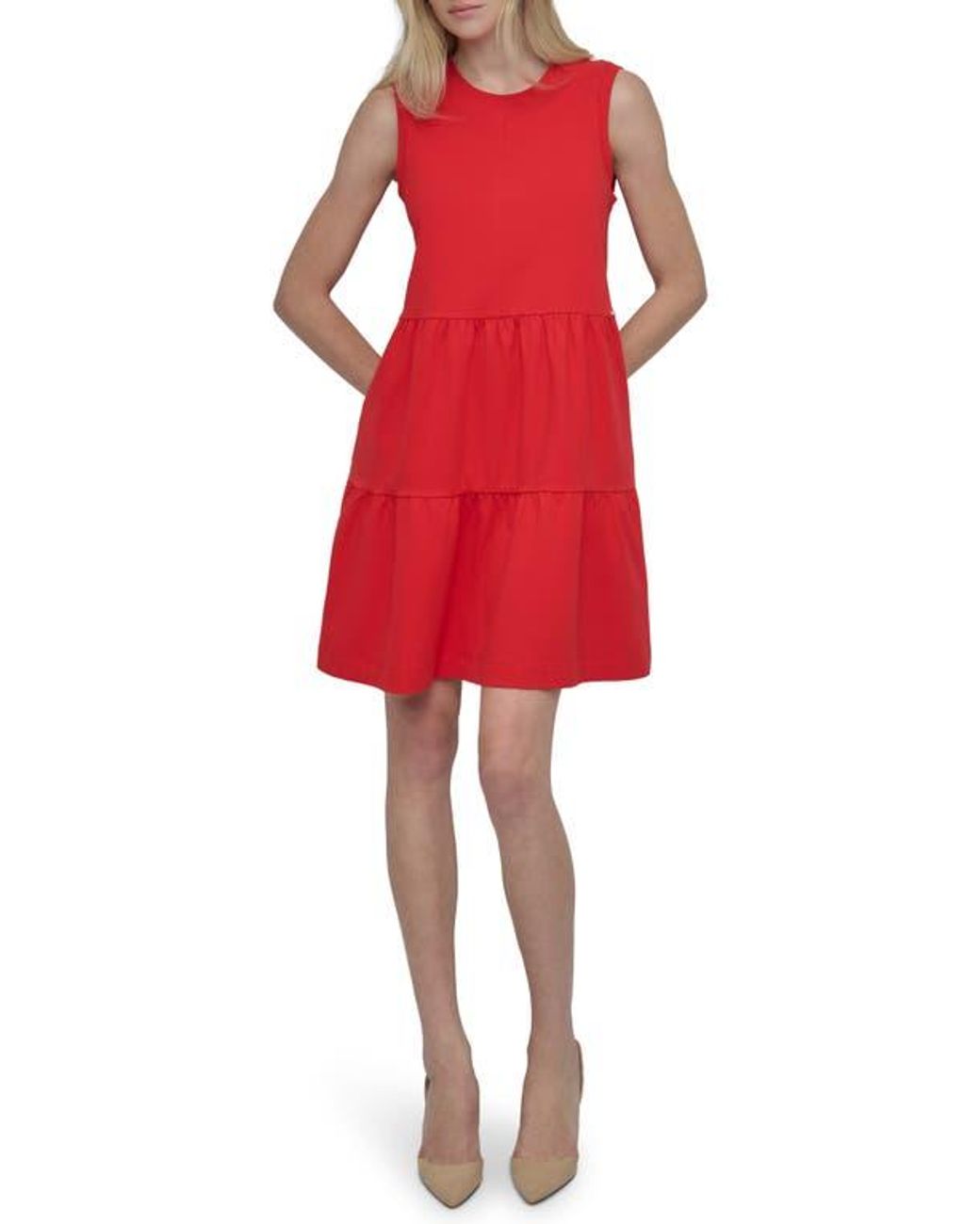dkny sleeveless stretch cotton dress NWT DKYN Sleeveless Stretch Tiered Red Cotton Dress Sz Medium
