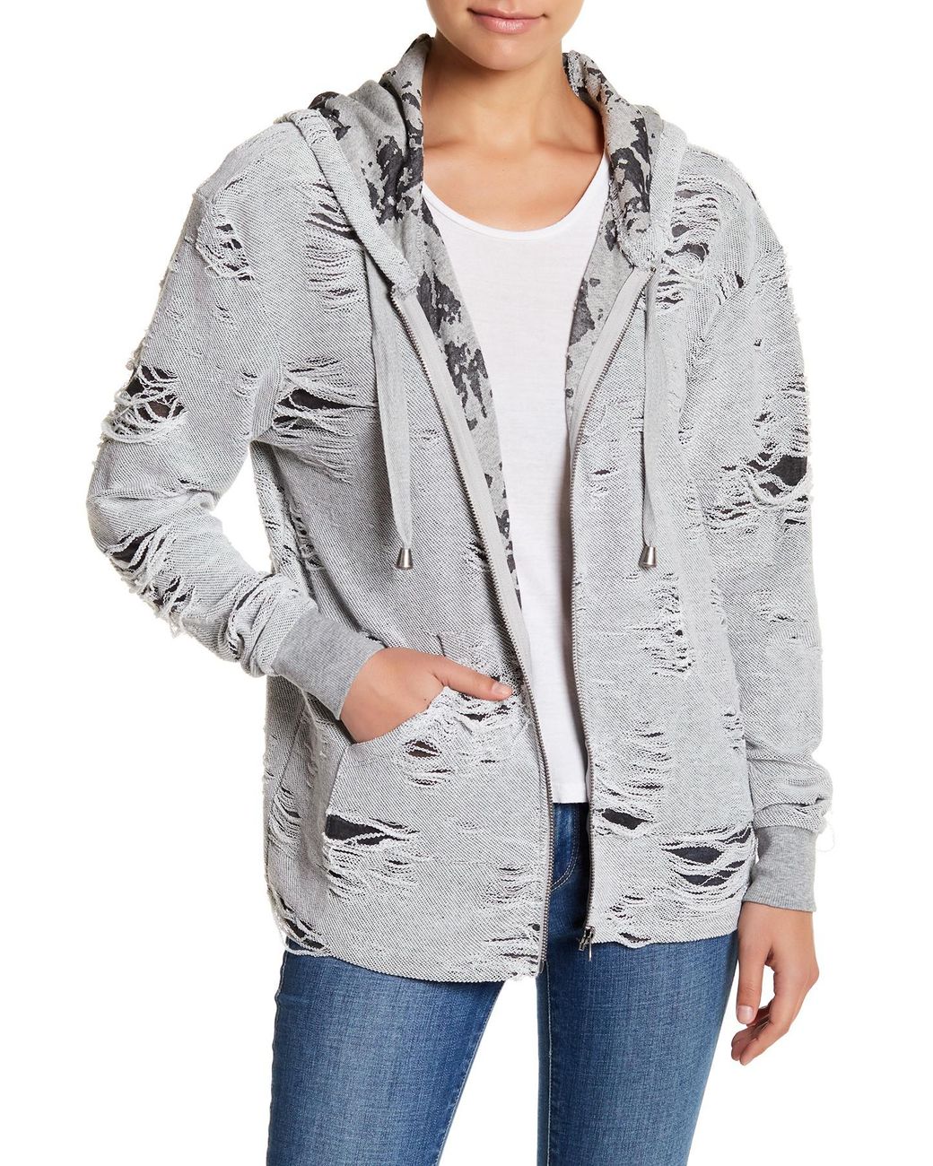 Sweet Romeo Distressed Zip Up Hoodie in Gray Lyst