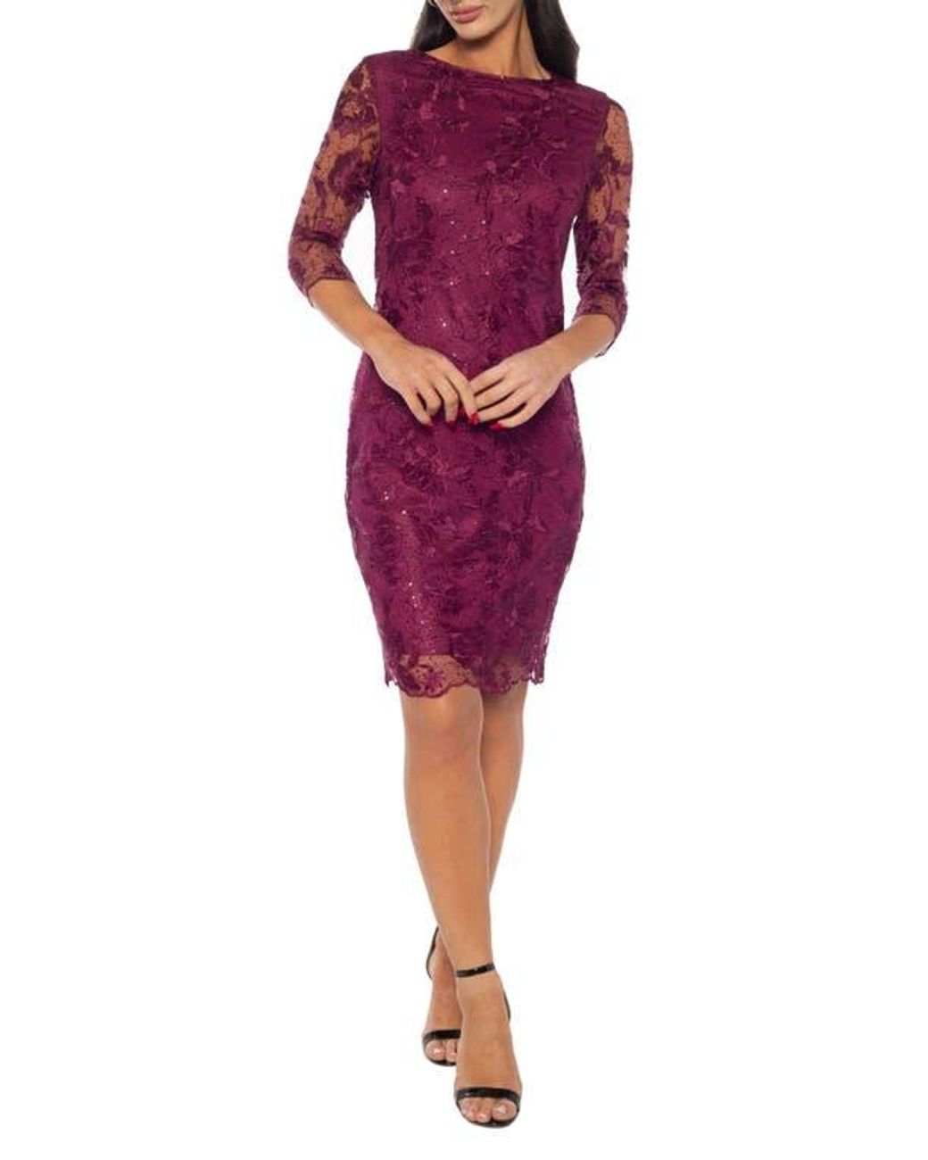 Marina Three-Quarter Sleeve Embroidered Lace Cocktail Dress | Lyst