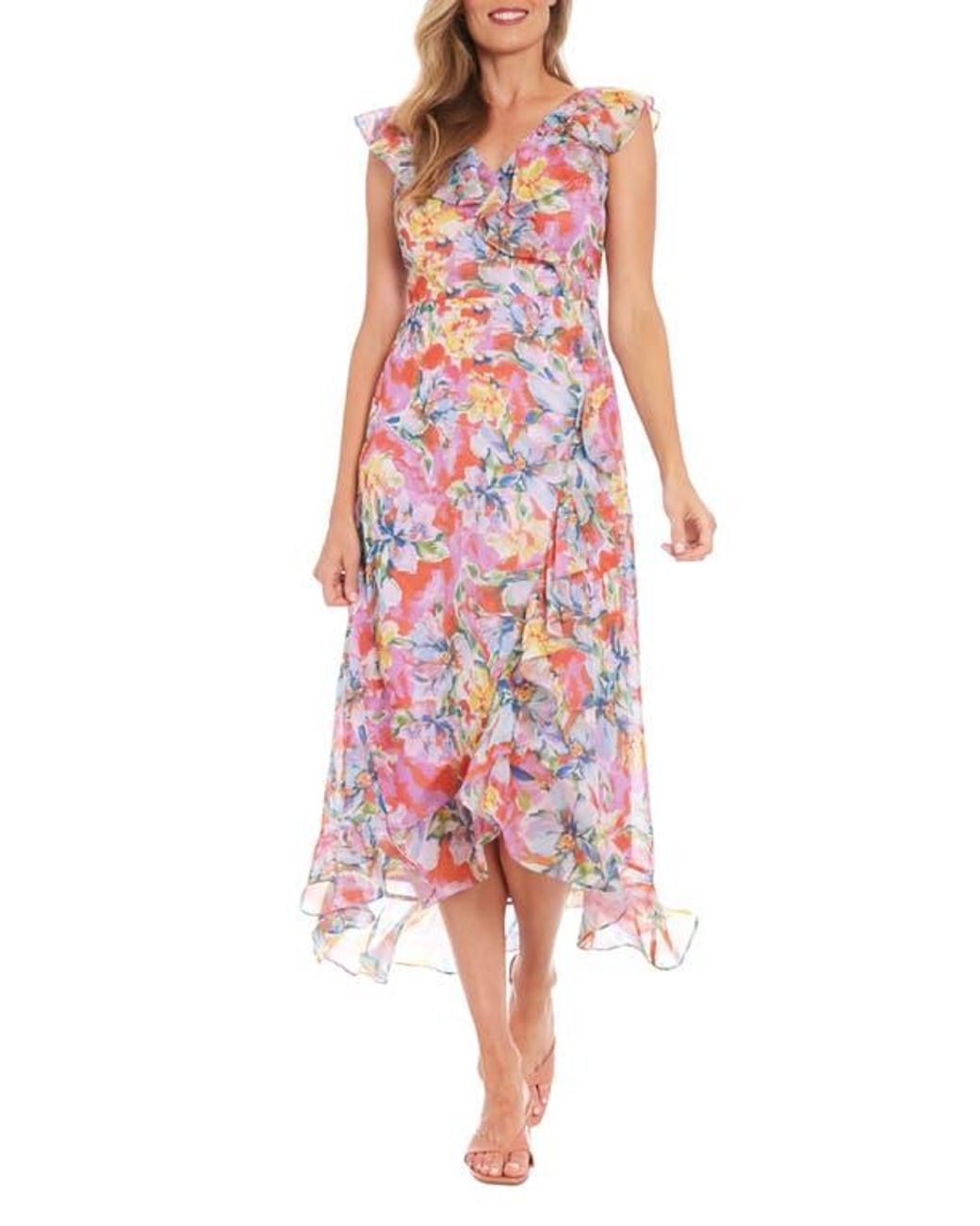 London Times Floral Ruffle Maxi Dress in Red | Lyst