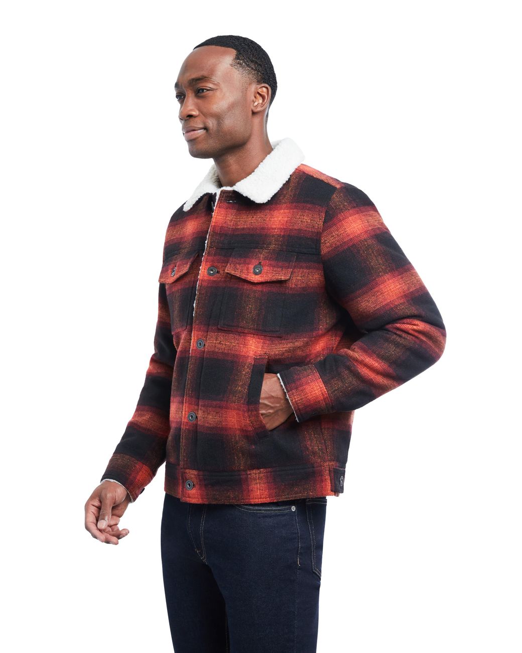 Lucky Brand Thanos Wool Buffalo Plaid Faux Shearling Jacket in Red