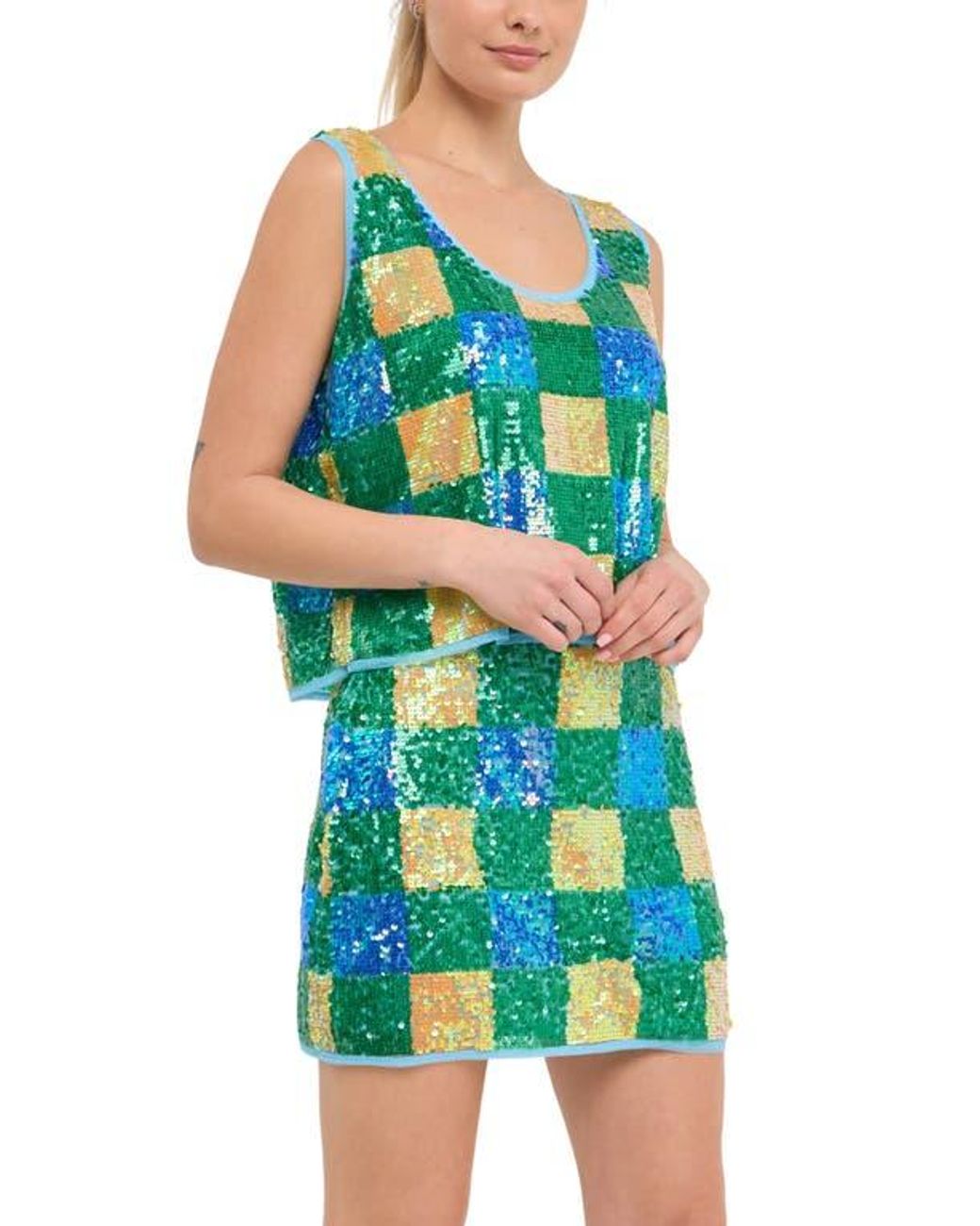 Endless Rose Blue Sequin Check Tank