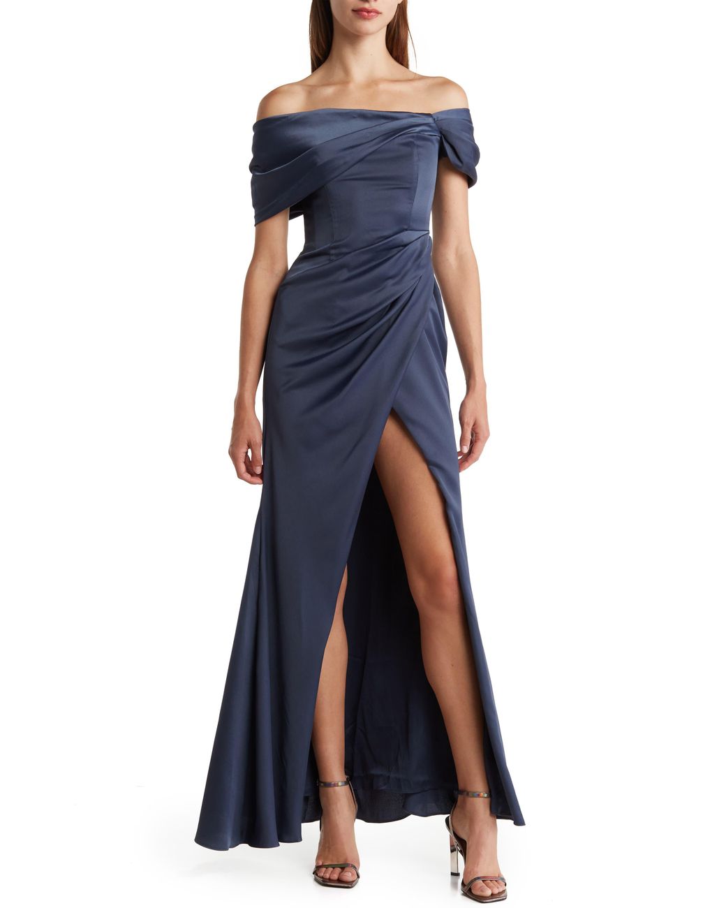 ASOS Off The Shoulder Draped Gown in Blue | Lyst