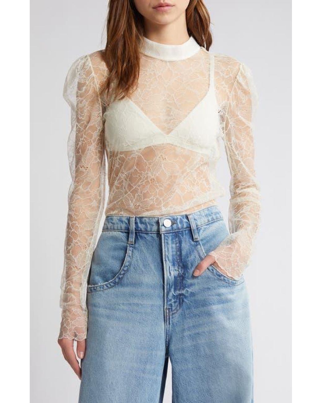 FRAME Sheer Lace Mock Neck Top in Blue | Lyst