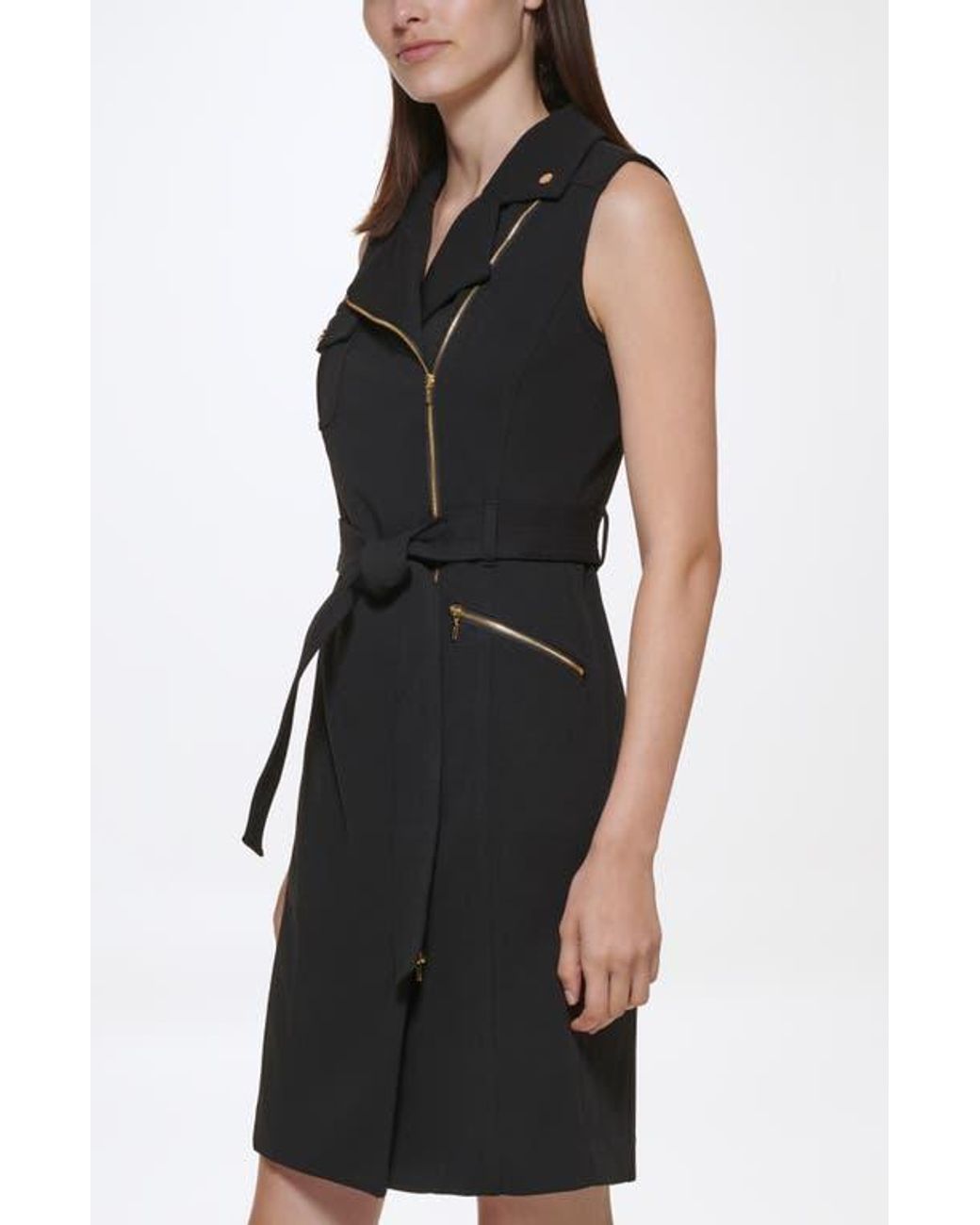 Calvin Klein Sleeveless Stretch Crepe Moto Dress in Black | Lyst