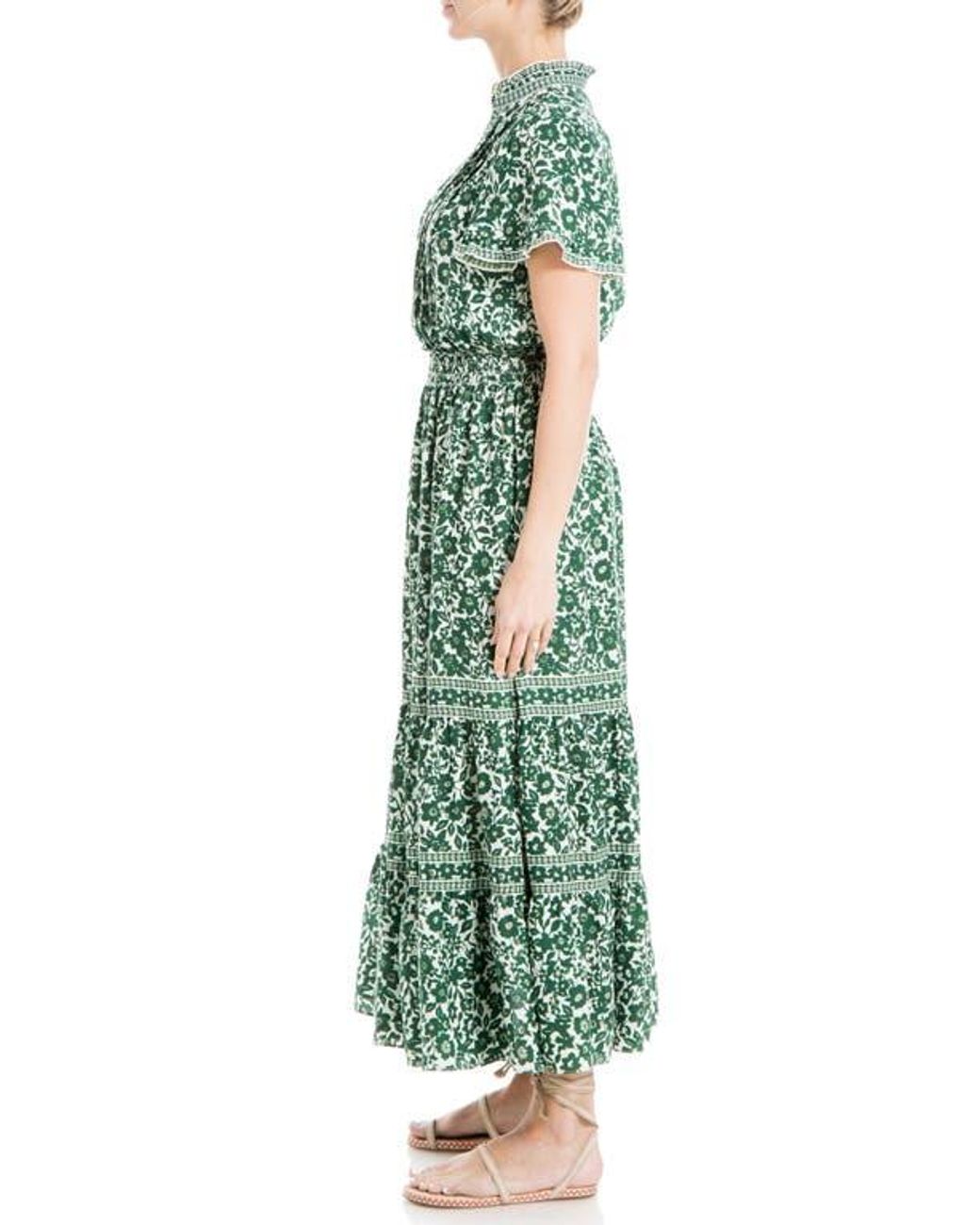 Max Studio Smocked Flutter Sleeve Maxi Dress in Green | Lyst