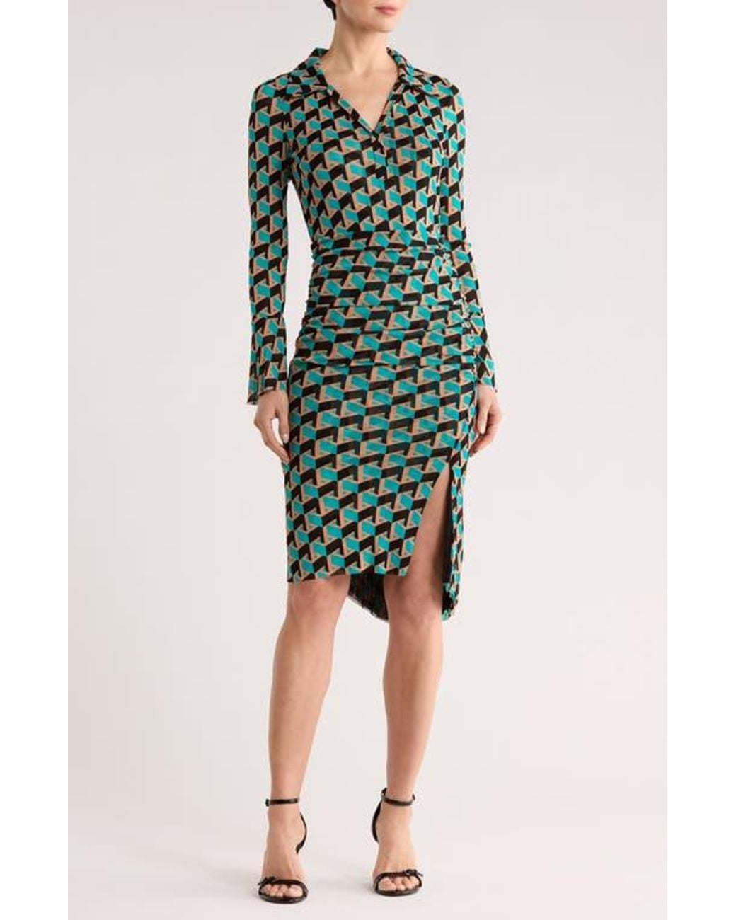 Diane von Furstenberg Lilly Johnny Collar Long Sleeve Dress in Green | Lyst