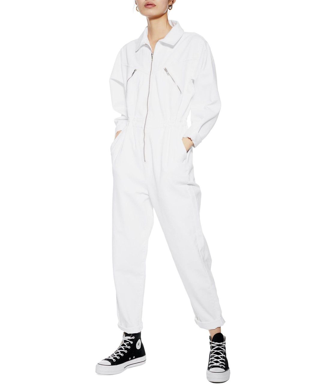 TOPSHOP Denim Utility Jumpsuit in White 