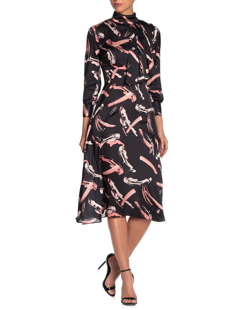 Alexia Admor Mock Neck Satin Midi Dress In Black Brush Painted At