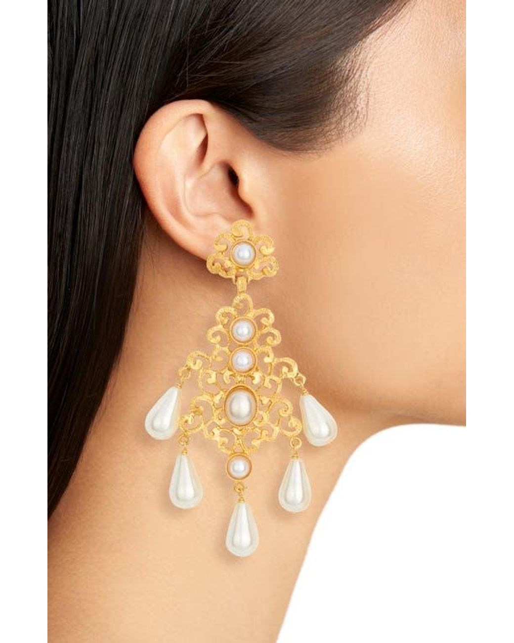 Kenneth Jay Lane Metallic Faux Pearl Chandelier Earrings