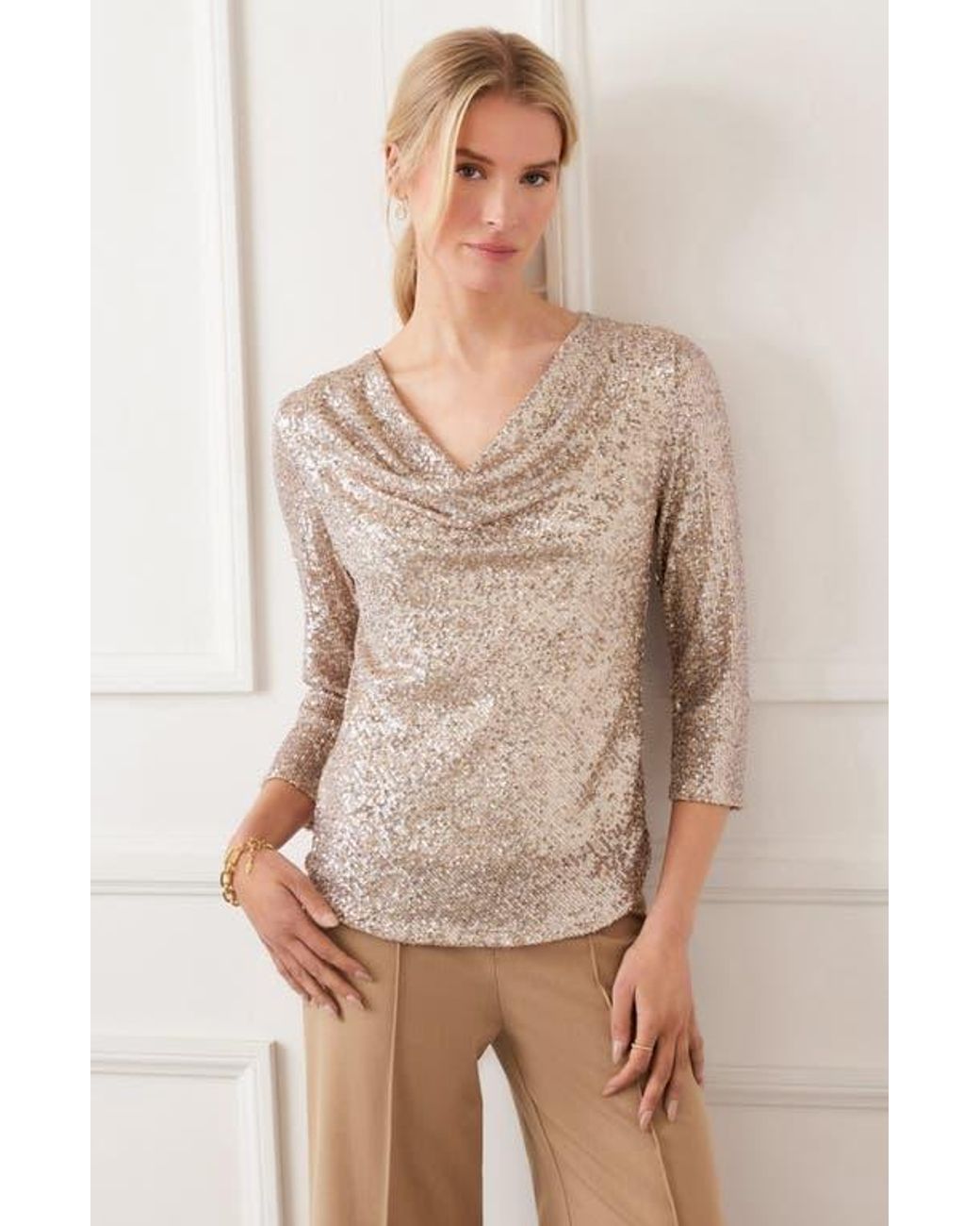 Karen Kane Multicolor Sequin Drape Neck Top