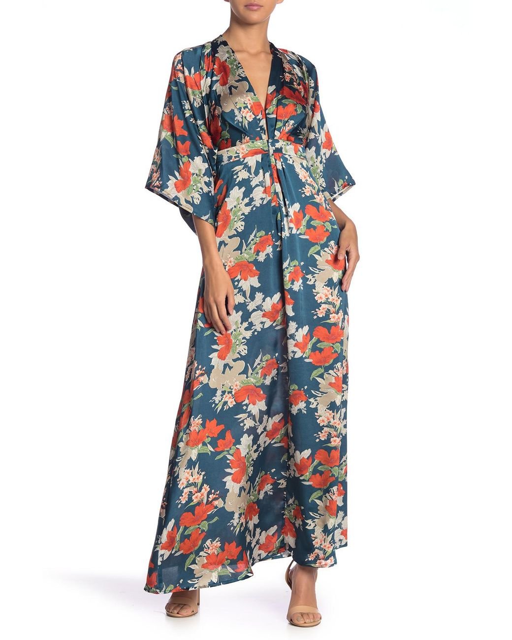 AAKAA Floral Kimono Sleeve Satin Maxi Dress in Blue | Lyst