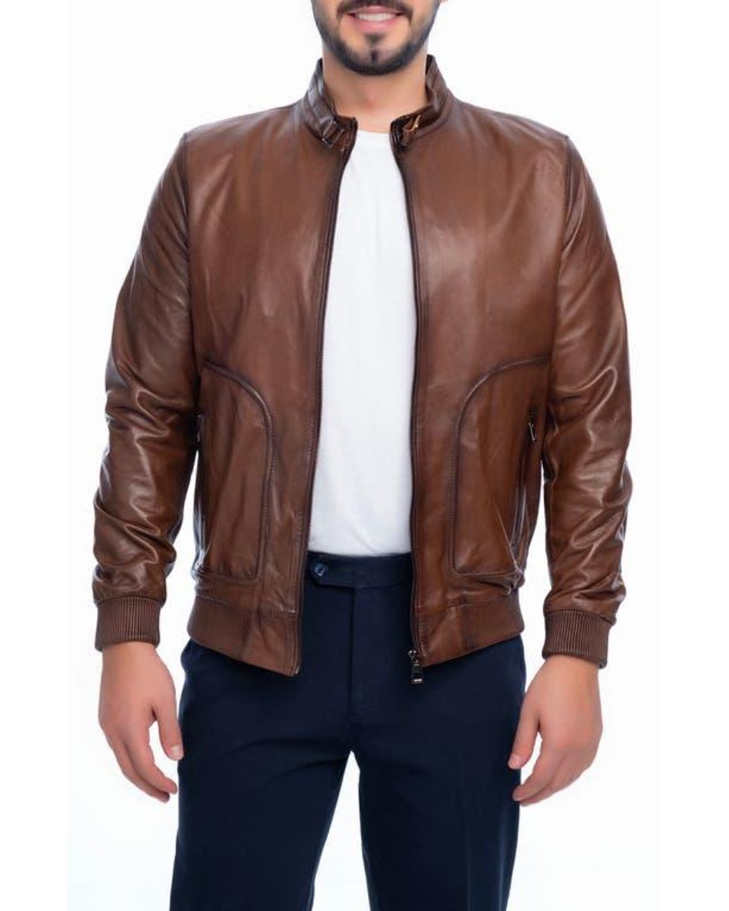 VELLAPAIS Brown Larue Leather Jacket for men