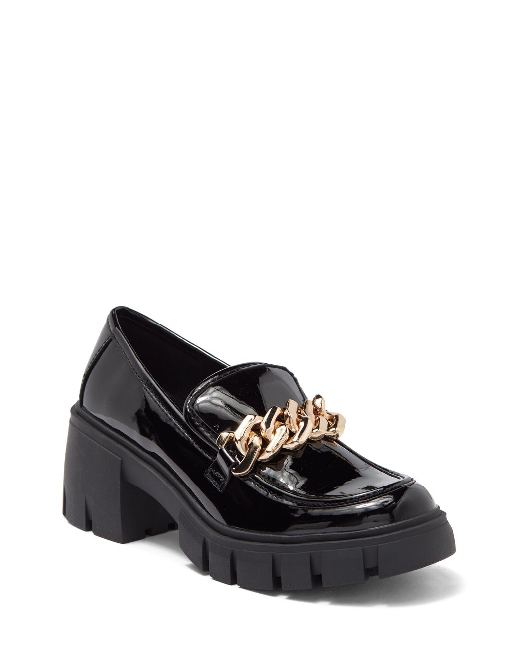 Madden Girl Hoxtonn Chain Trim Lug Sole Platform Loafer In Black Patent