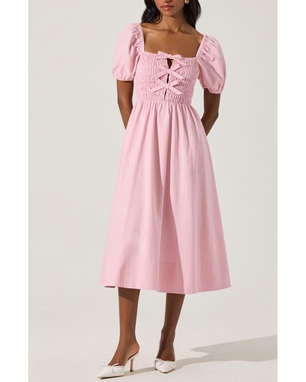 bow detail smock bodice cotton blend dress Astr in Pink Astr bow Alex Evenings A-line Rosette polkadotprint layer with a tailored Color:BURNT ORANGE