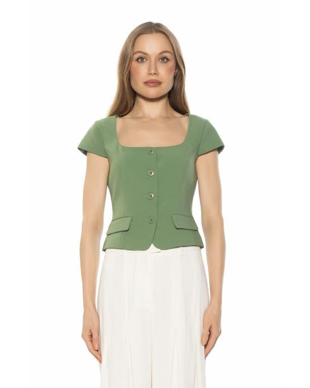 Alexia Admor Green Cap Sleeve Button-Up Top