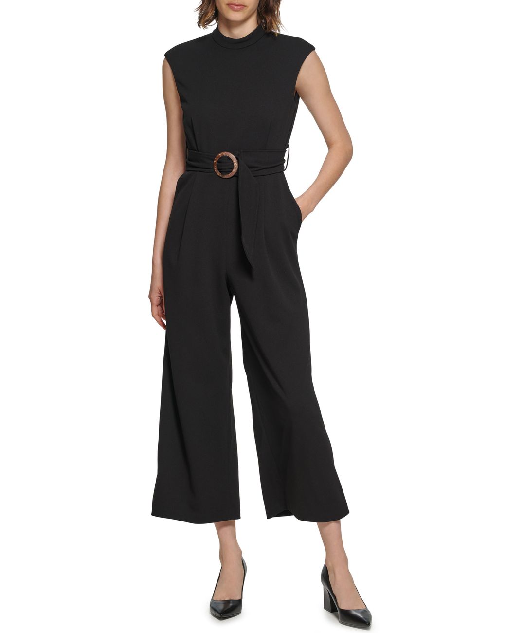 Calvin Klein Mock Neck Sleeveless Belted Crop Jumpsuit in Black | Lyst
