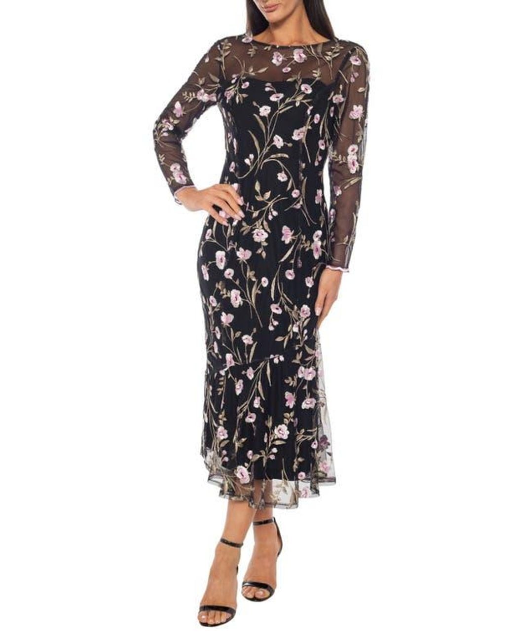 Marina Long Sleeve Floral Embroidered Midi Cocktail Dress in Black | Lyst