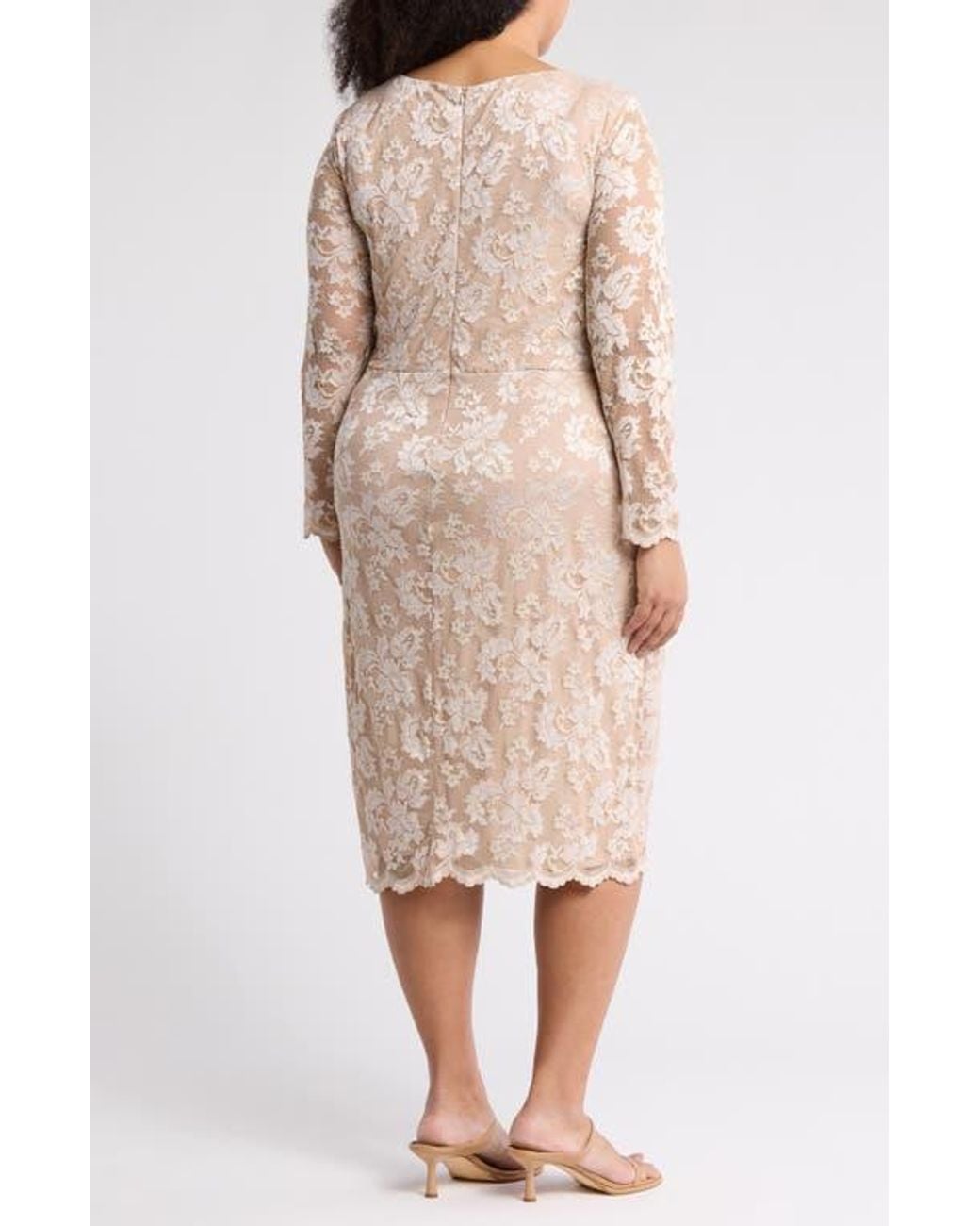 marina long sleeve lace dress New Marina Round Neck Beaded Lace Long Sleeve Side Drape Sheath Dress 6