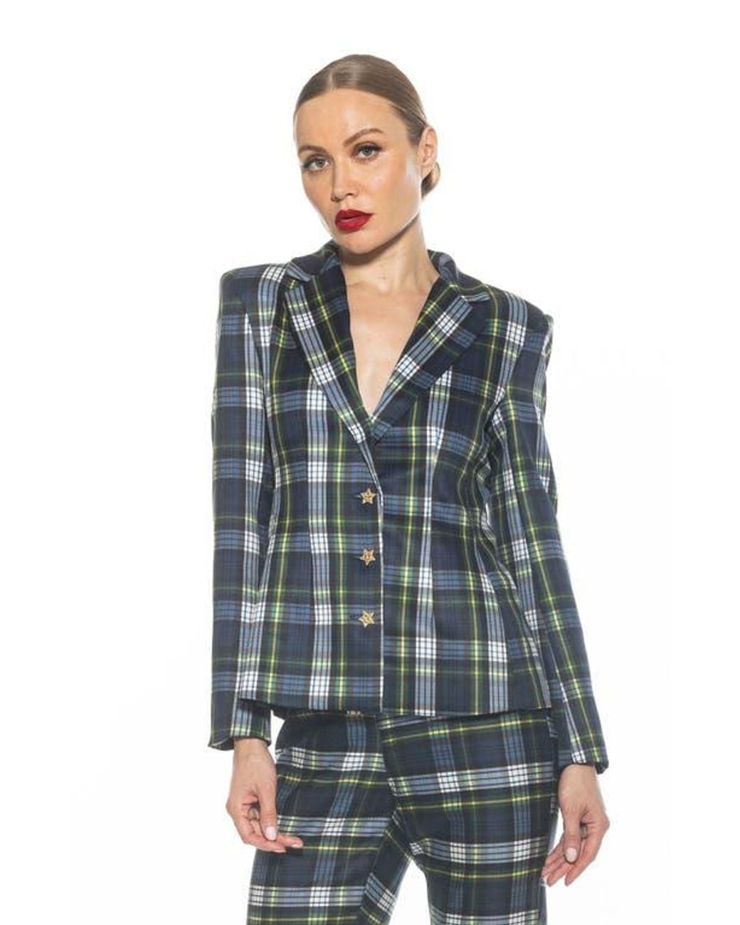 Alexia Admor Blue Star Button Plaid Blazer