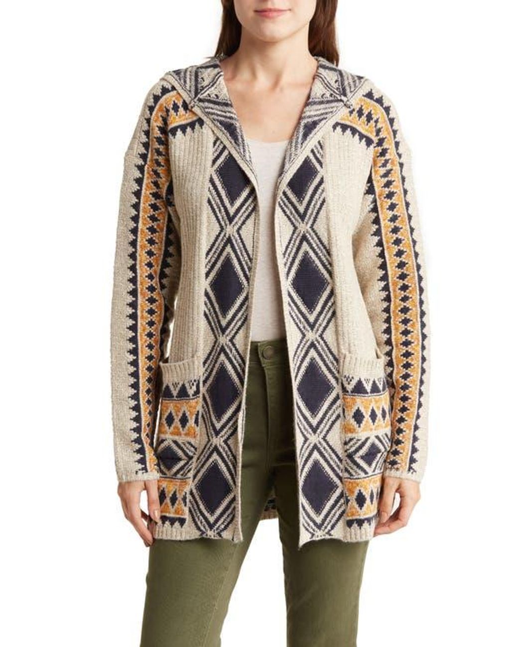 Lucky Brand Allover Jacquard Knit Hooded Cardigan in Black Lyst