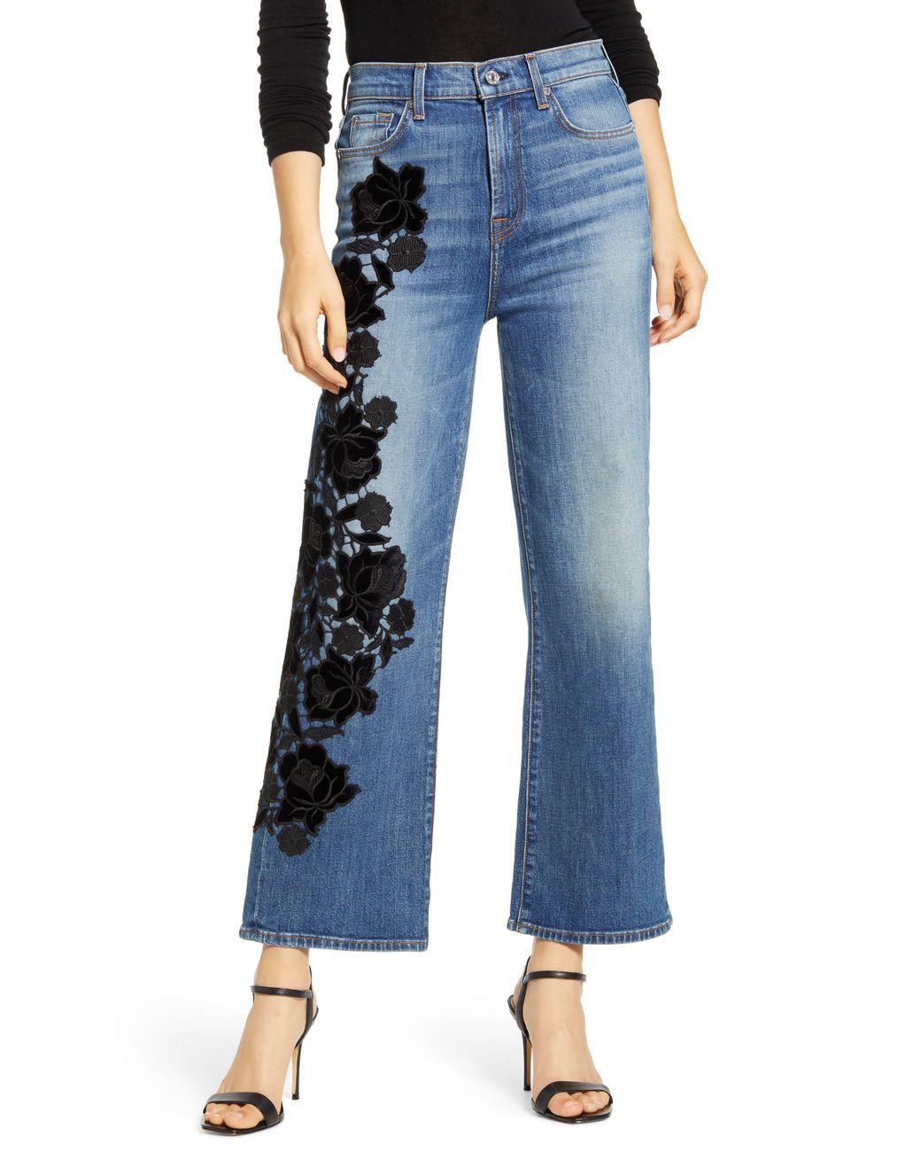7 For All Mankind Alexa Cropped Floral Embroidered Jeans in Blue | Lyst