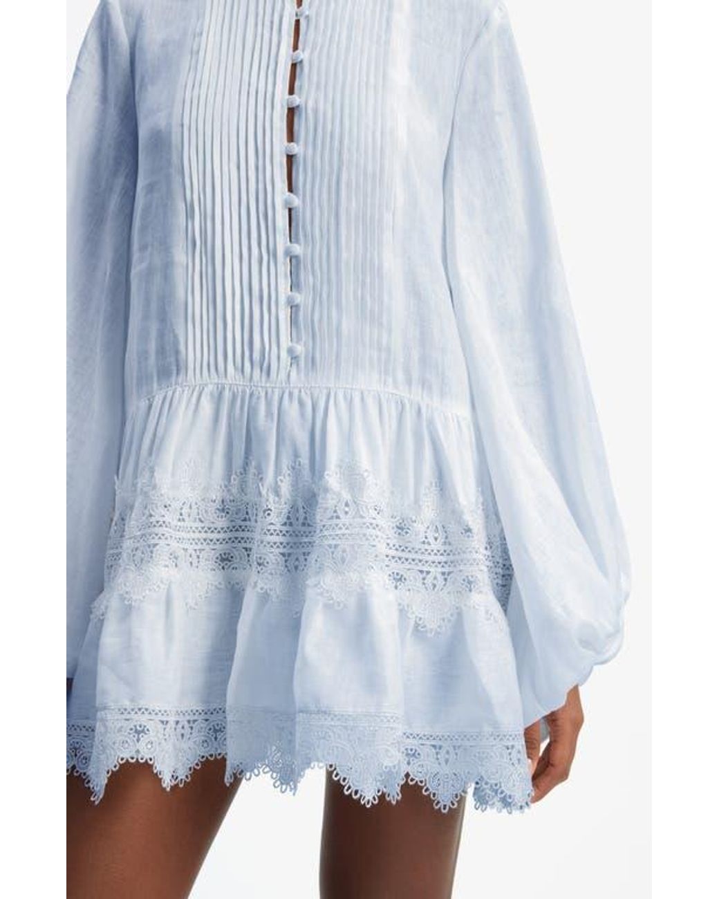 Bardot Antonia Lace Trim Long Sleeve Cotton & Linen Minidress in Blue | Lyst