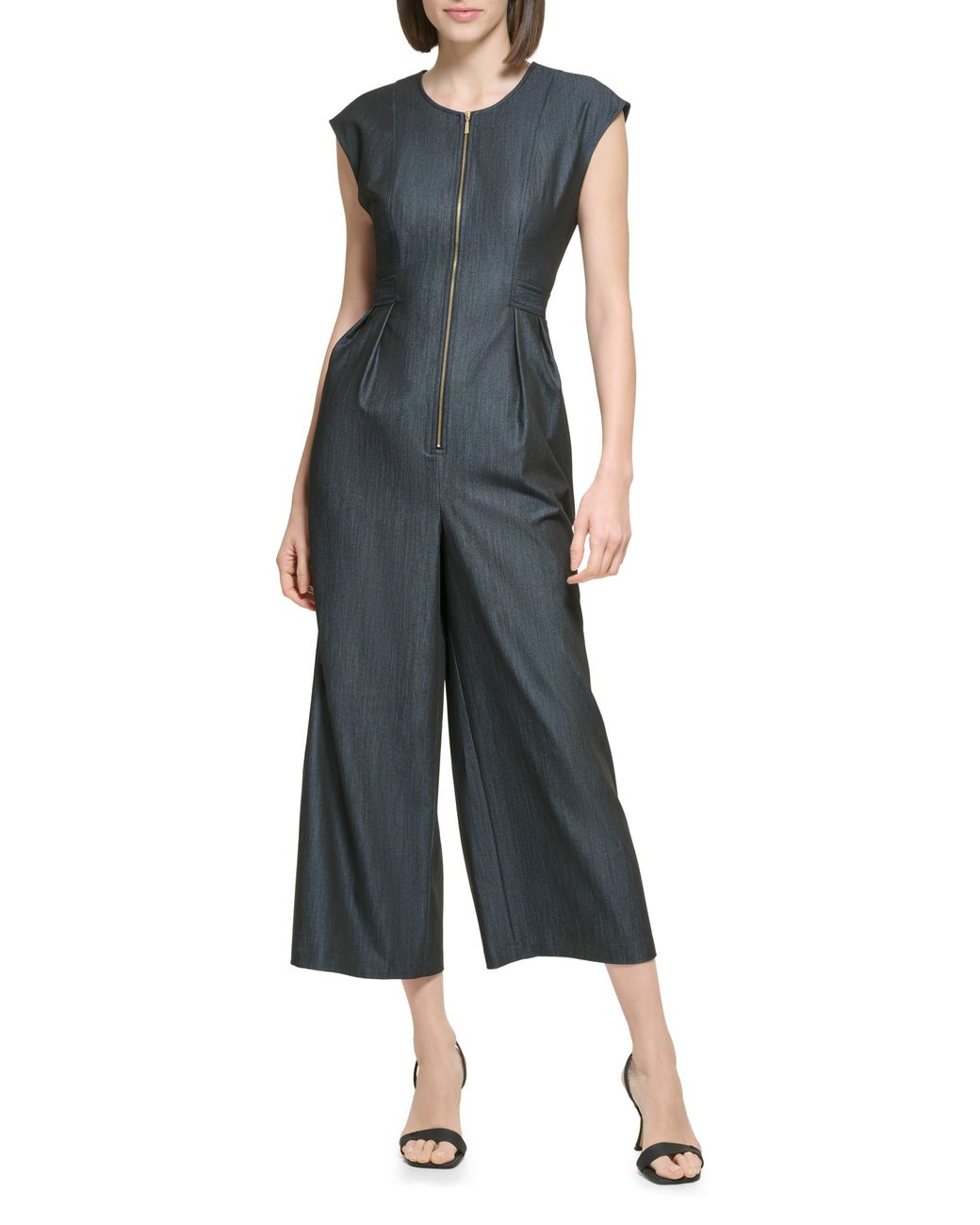 Calvin Klein Cap Sleeve Zip Front Denim Jumpsuit in Blue Lyst