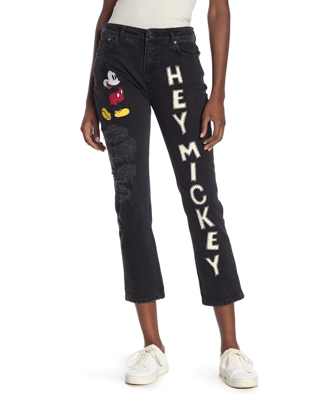 Alice Olivia Scott Embroidered Mickey Mouse Distressed Straight